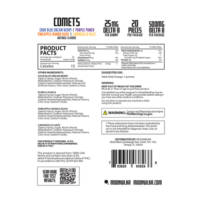 product facts and ingredients for Moonwlkr Comets gummies