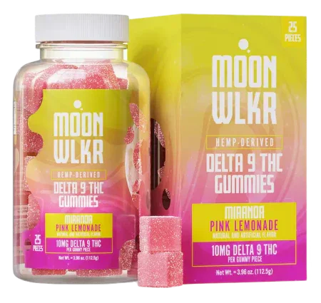 Pink lemonade Delta 9 THC gummies in clear bottle and box, hemp-derived, 10mg per piece