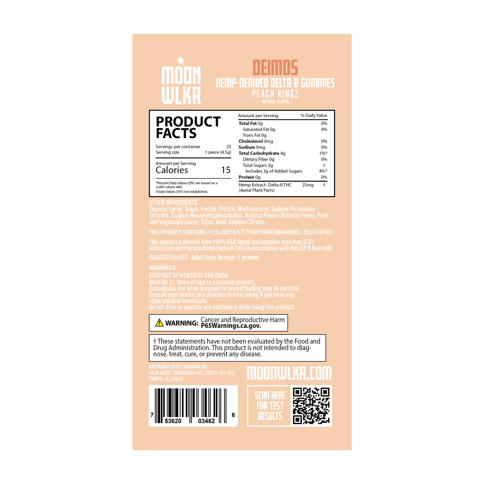 Products facts and ingredients for Moonwlkr Delta 8 gummies in peach ringz flavor