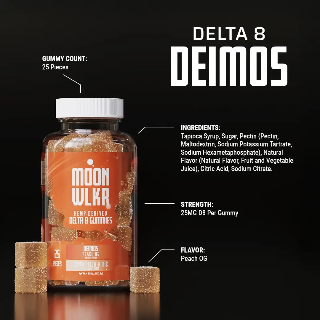 Delta 8 gummies in peach OG flavor, 25mg per piece, hemp-derived with natural ingredients