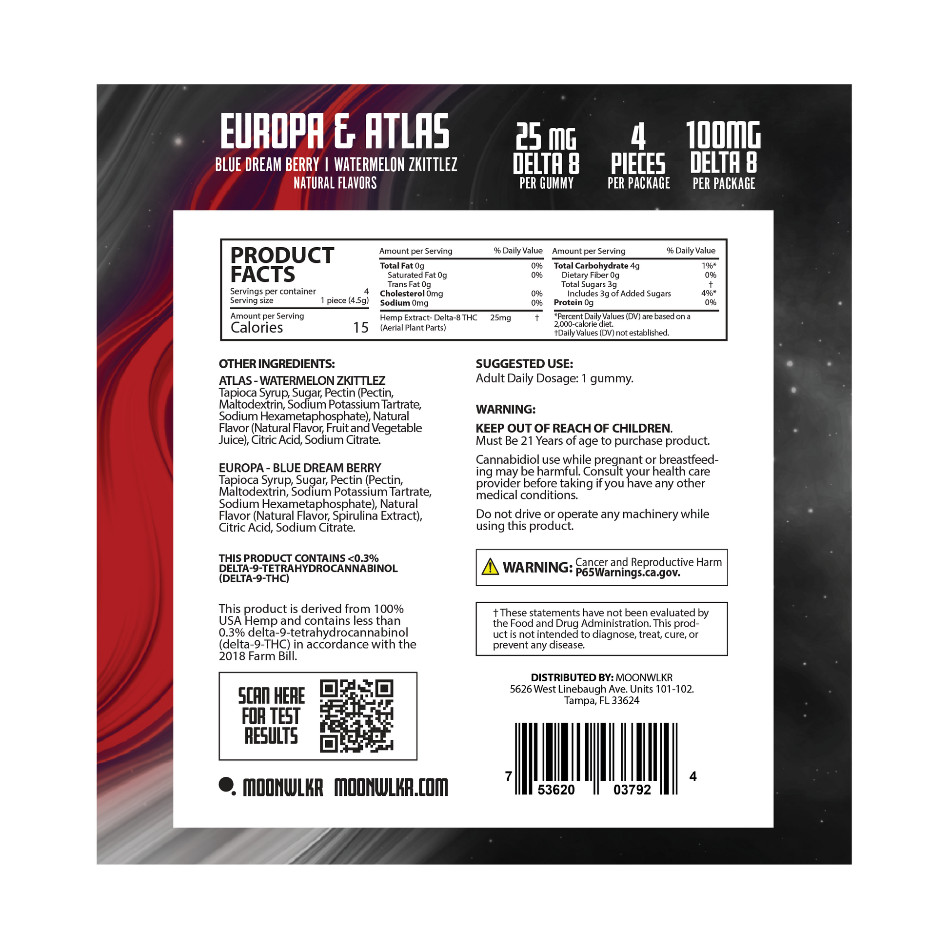 Products facts and ingredients for Moonwlkr Delta 8 THC sample pack gummies