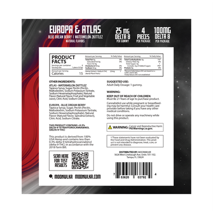 Products facts and ingredients for Moonwlkr Delta 8 THC sample pack gummies