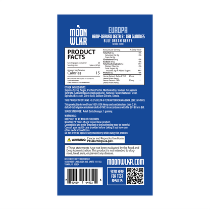 Products facts and ingredients for Moonwlkr Delta 8 : CBD gummies in blue dream berry flavor