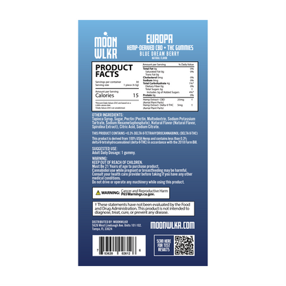 Product facts and ingredients for Moonwlkr CBD + THC gummies - blue dream berry