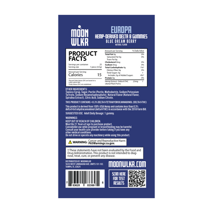 Products facts and ingredients for Moonwlkr Delta 8 gummies in blue dream berry flavor