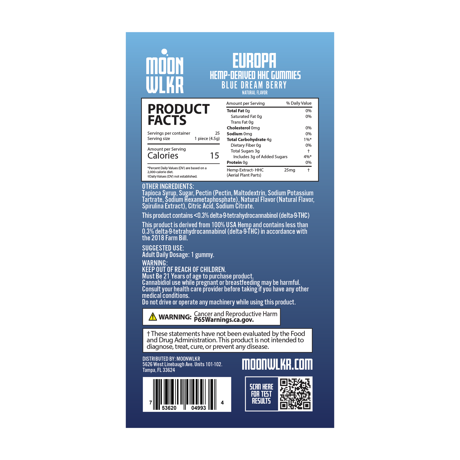 Products facts and ingredients for Moonwlkr HHC gummies in blue dream berry flavor
