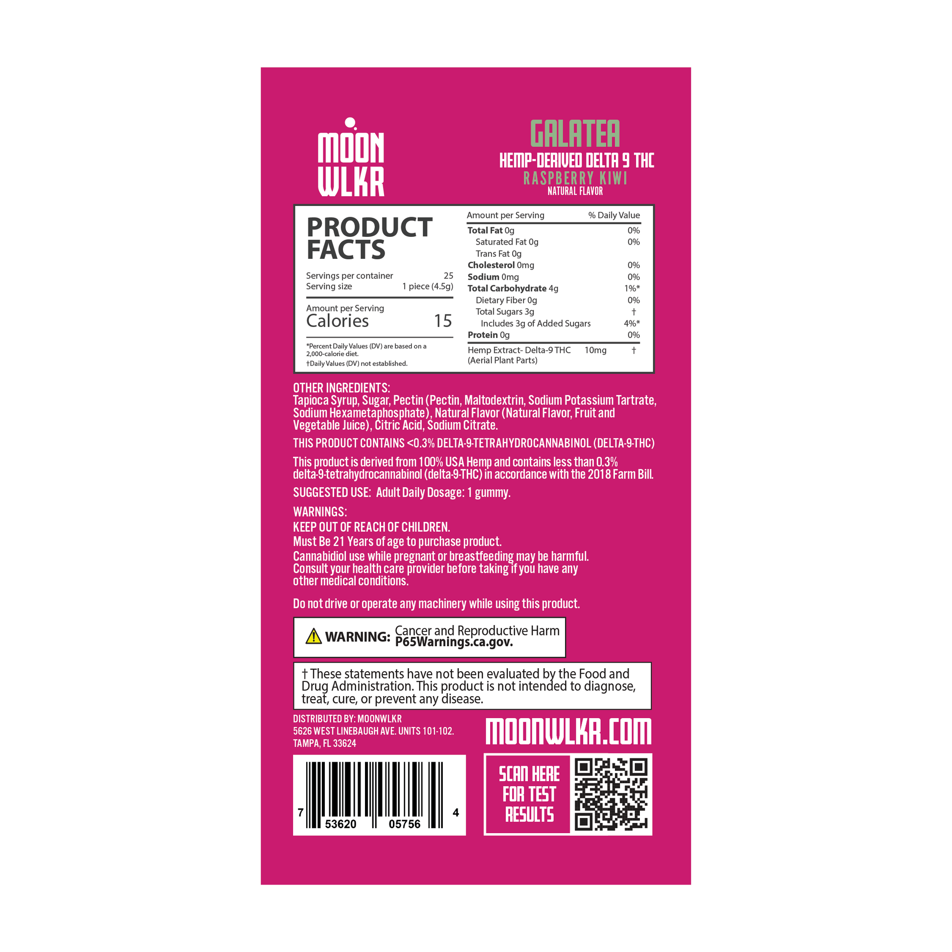 Products facts and ingredients for Moonwlkr Delta 9 THC gummies in raspberry kiwi flavor