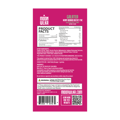 Products facts and ingredients for Moonwlkr Delta 9 THC gummies in raspberry kiwi flavor