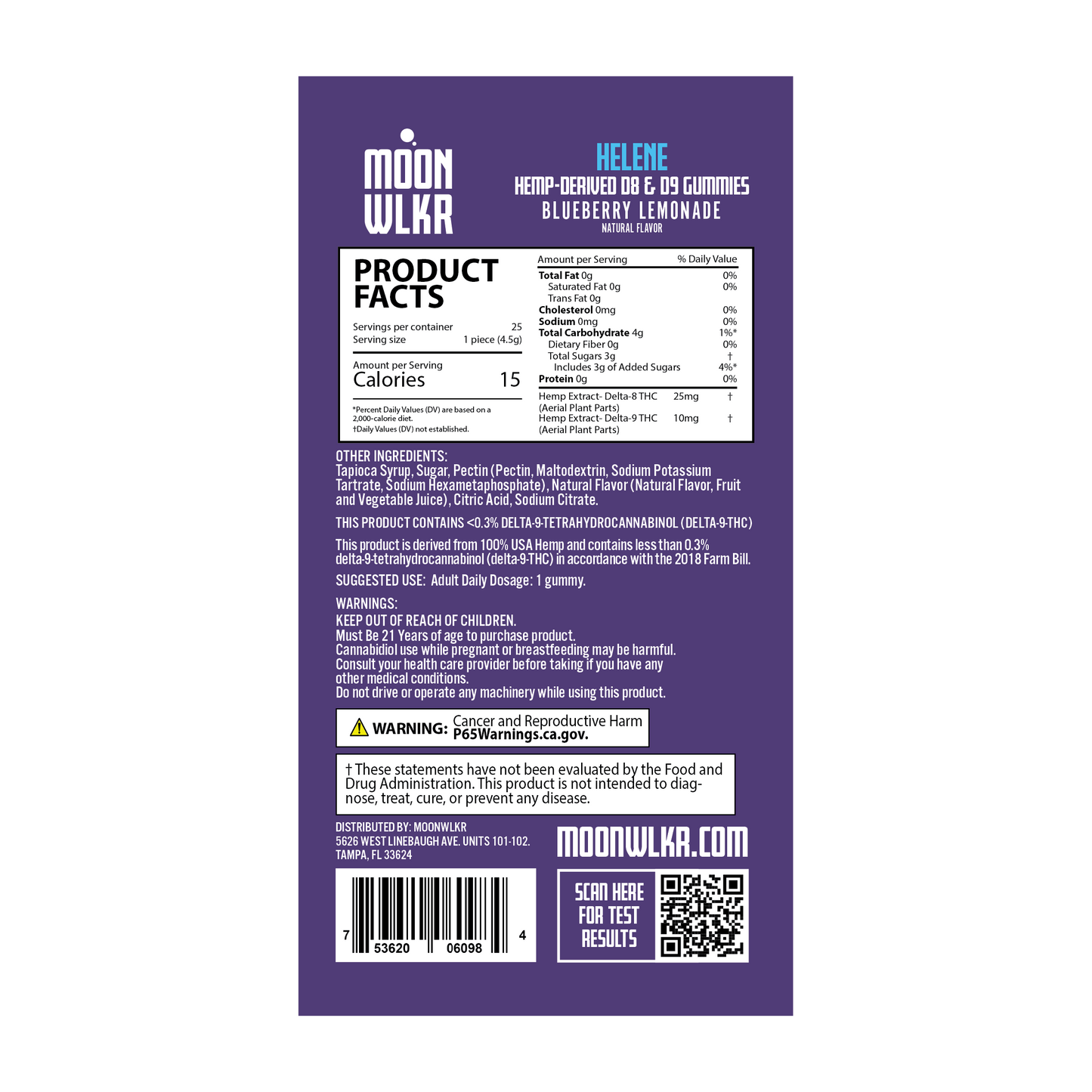 Products facts and ingredients for Moonwlkr Delta 8 : Delta 9 gummies in blueberry lemonade flavor