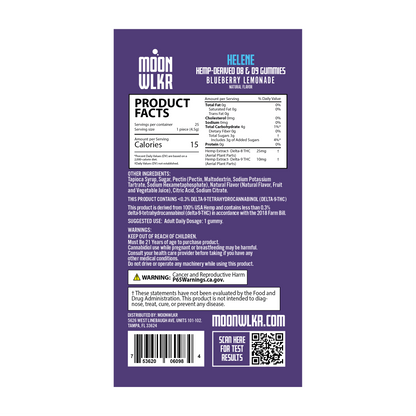 Products facts and ingredients for Moonwlkr Delta 8 : Delta 9 gummies in blueberry lemonade flavor