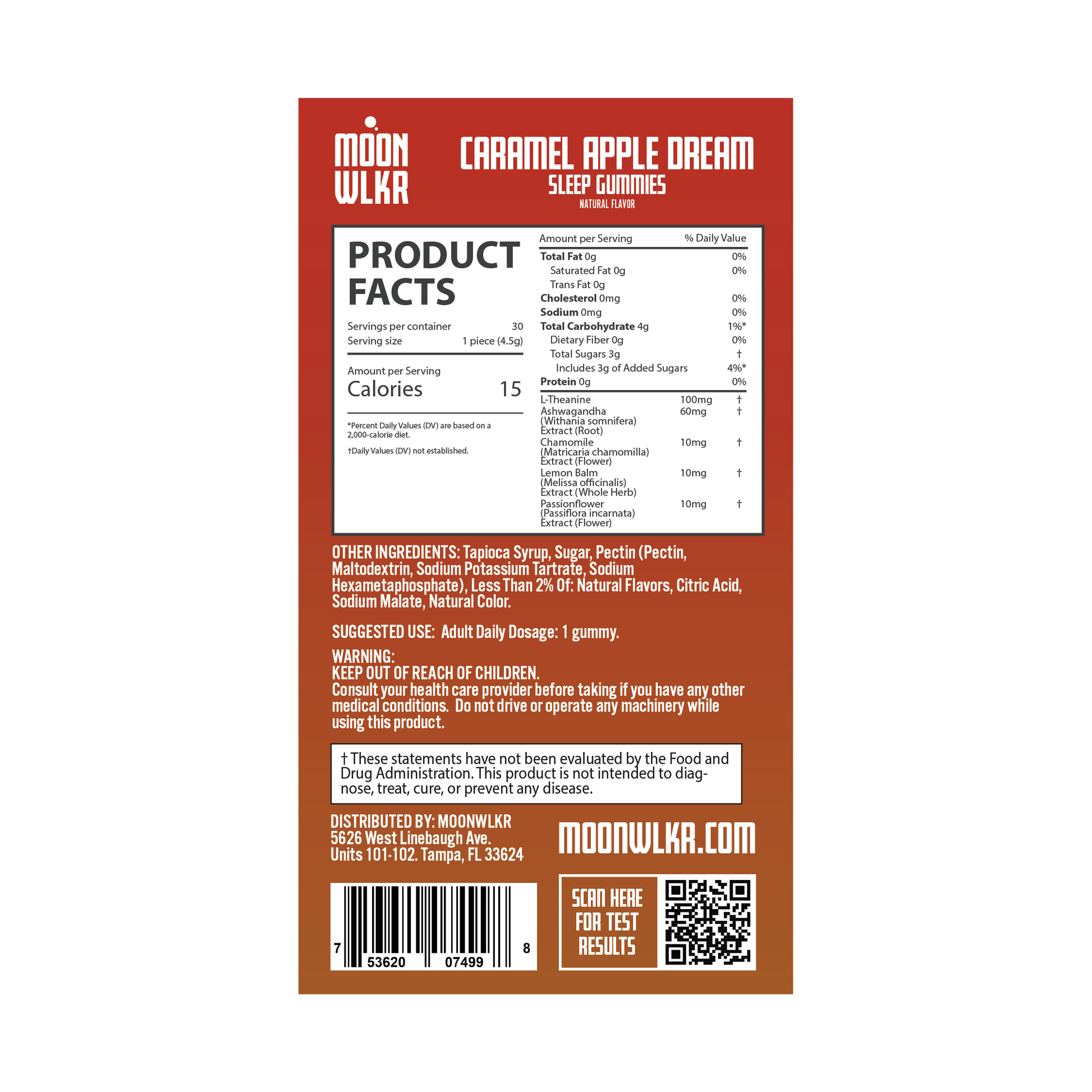 Products facts and ingredients for Moonwlkr Zero THC Sleep gummies in flavor caramel apple dream