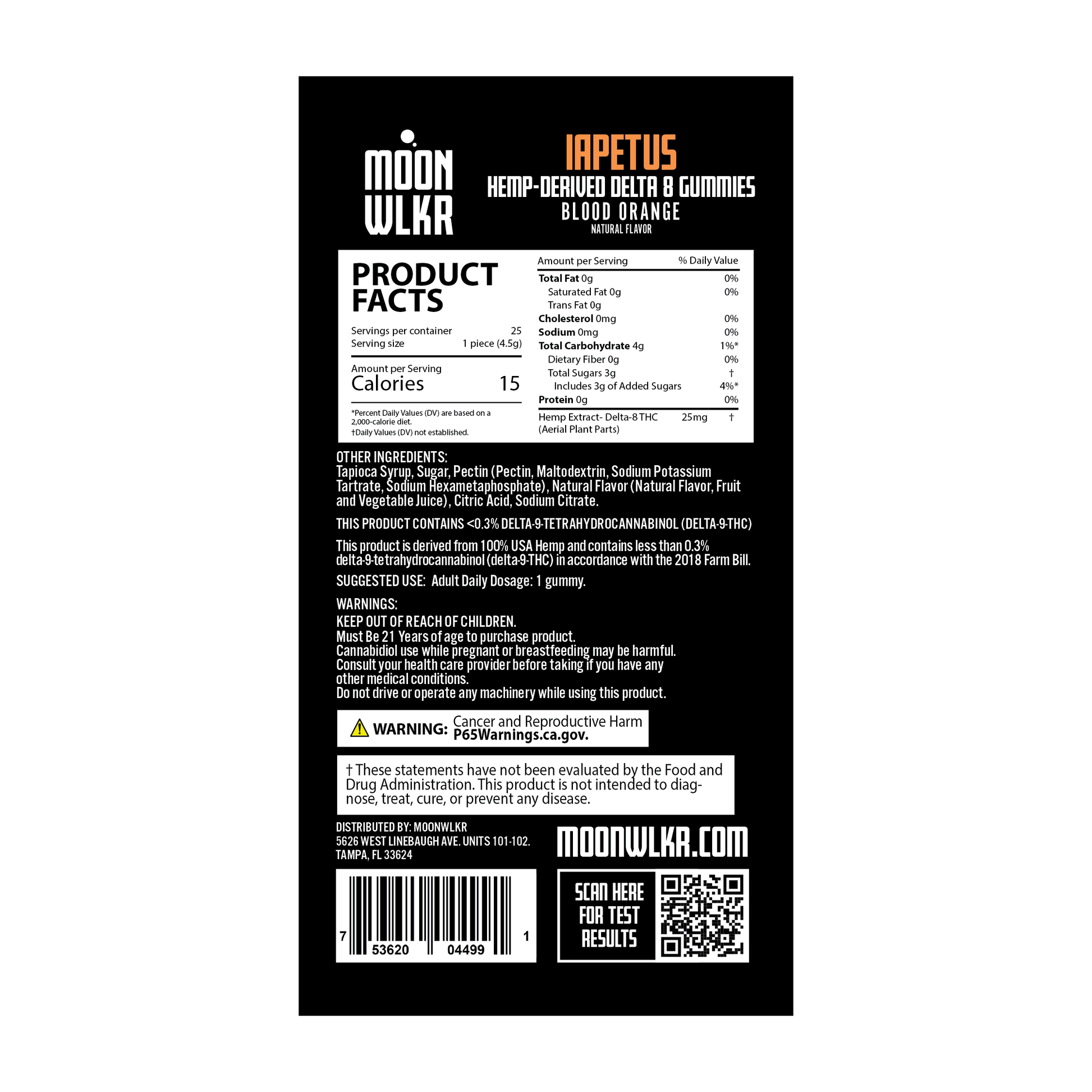 Products facts and ingredients for Moonwlkr Delta 8 gummies in blood orange flavor
