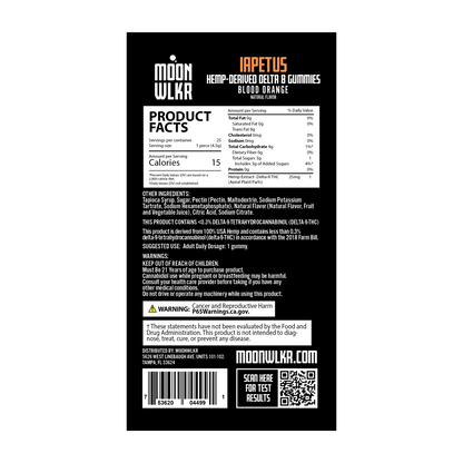 Products facts and ingredients for Moonwlkr Delta 8 gummies in blood orange flavor