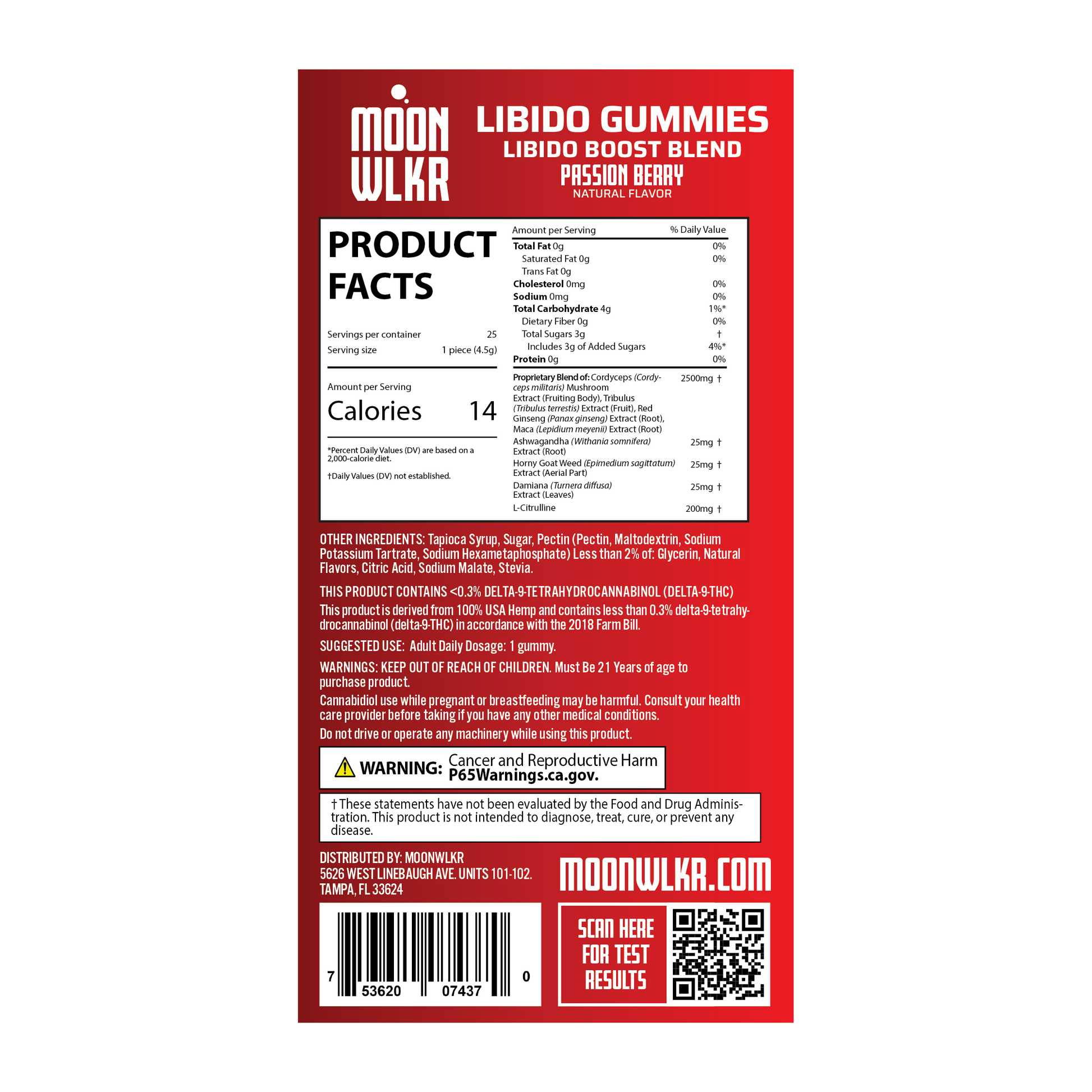 Products facts and ingredients for Moonwlkr Libido boost blend gummies in Passion Berry flavor