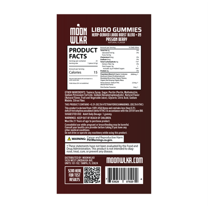 Products facts and ingredients for Moonwlkr Delta 9 THC Libido gummies in Passion Berry flavor