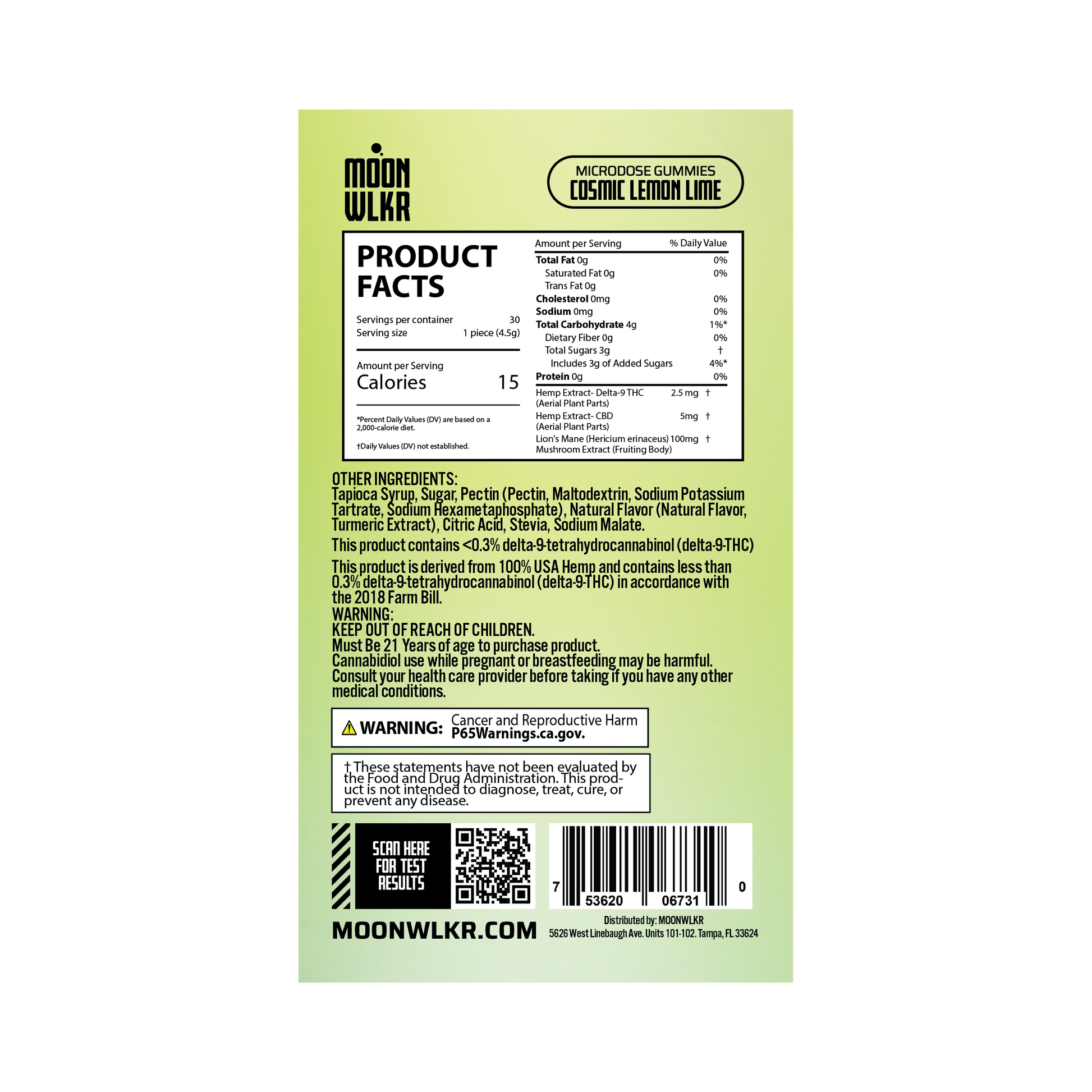 Products facts and ingredients for Moonwlkr Microdose gummies in cosmic lemon lime flavor