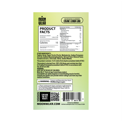 Products facts and ingredients for Moonwlkr Microdose gummies in cosmic lemon lime flavor