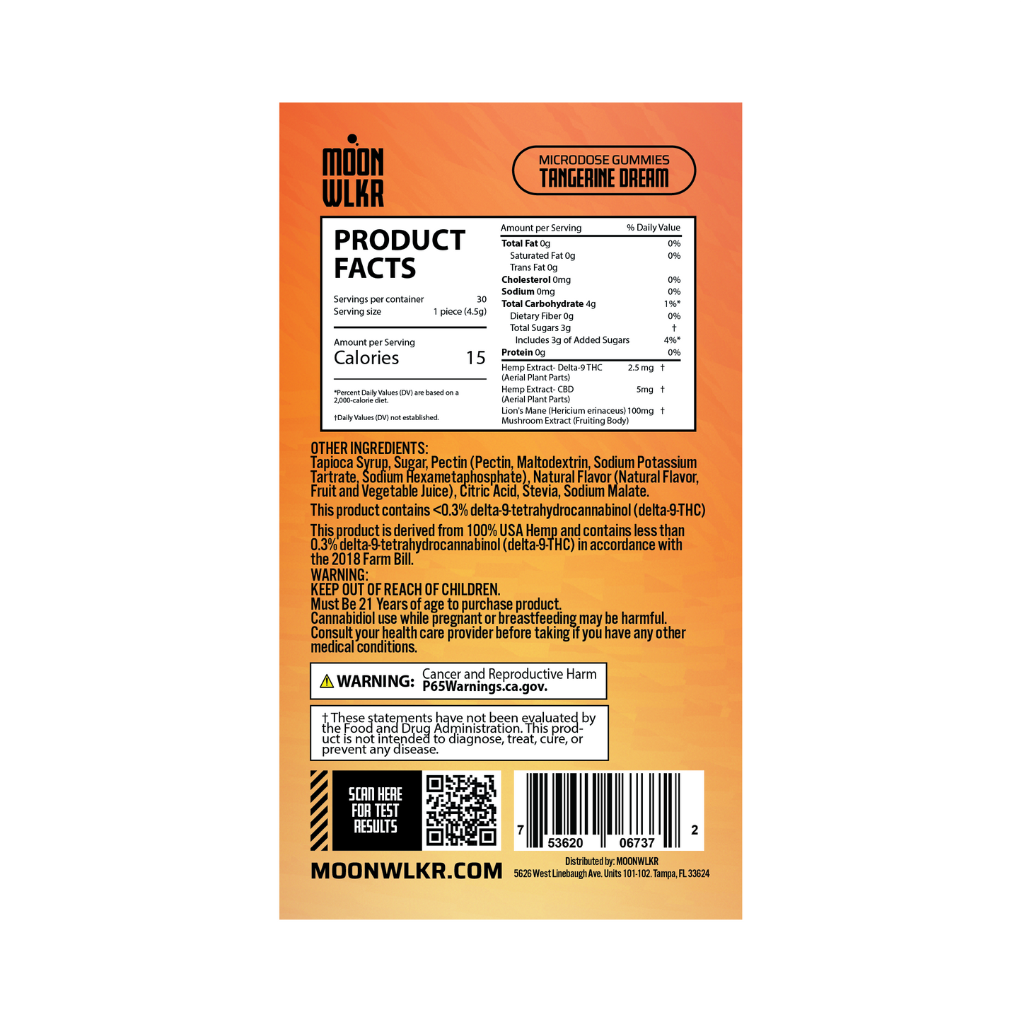 Products facts and ingredients for Moonwlkr Microdose gummies in tangerine dream flavor