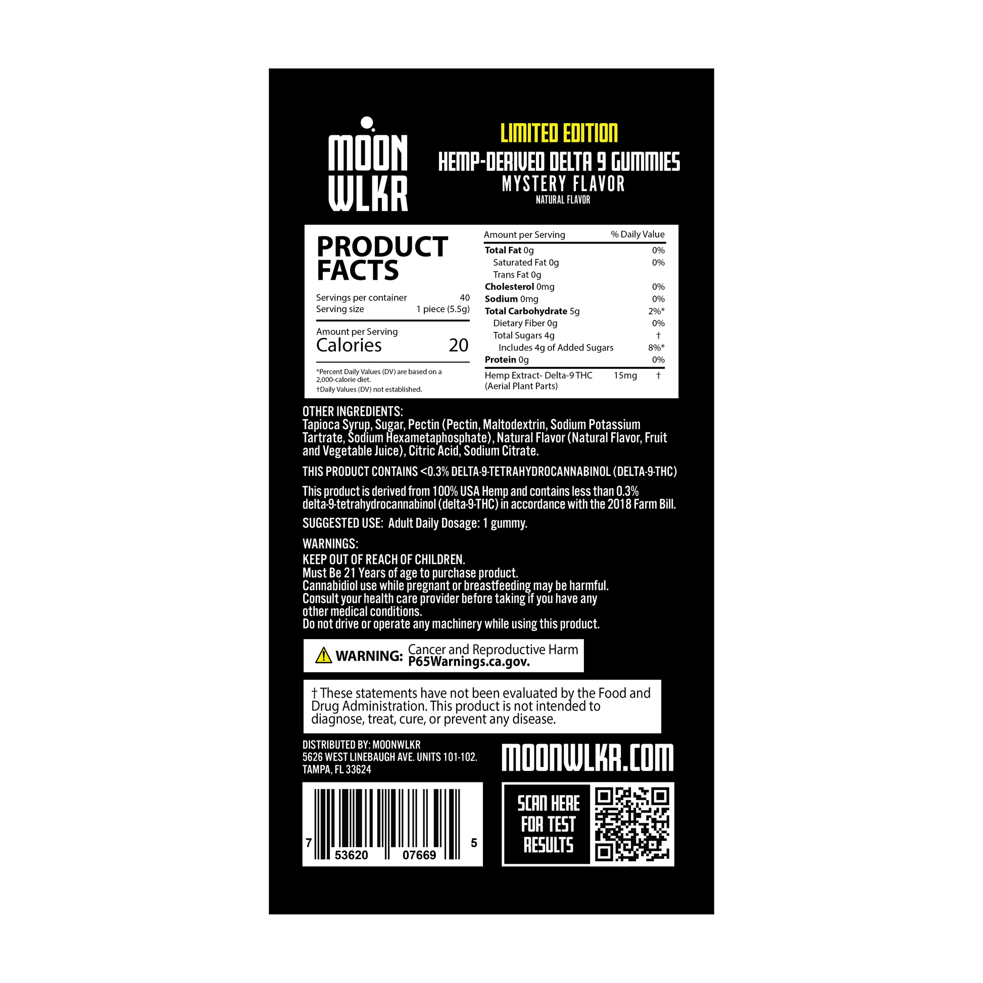 Ingredient Panel for Moonwlkr Mystery Flavor Delta 9 THC Gummies