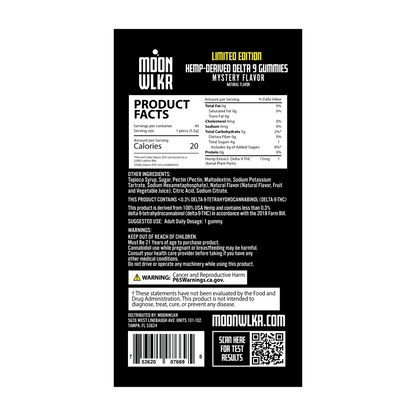 Ingredient Panel for Moonwlkr Mystery Flavor Delta 9 THC Gummies