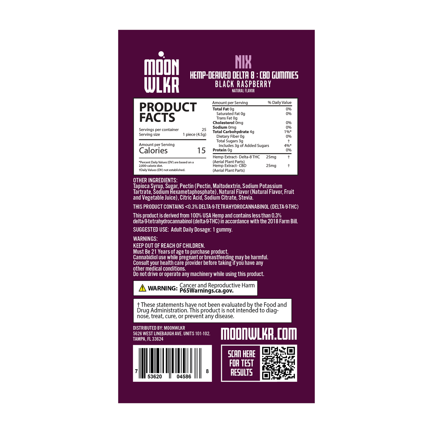 Products facts and ingredients for Moonwlkr Delta 8 : CBD gummies in black raspberry flavor