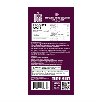 Products facts and ingredients for Moonwlkr Delta 8 : CBD gummies in black raspberry flavor