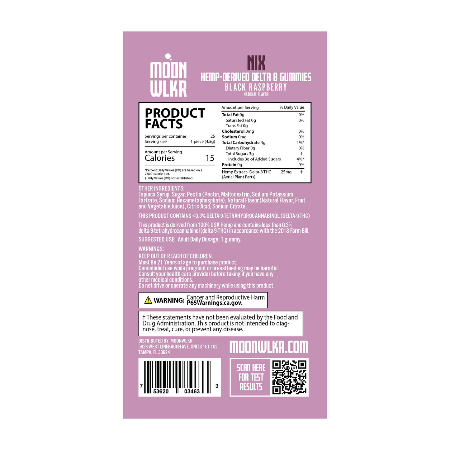Products facts and ingredients for Moonwlkr Delta 8 gummies in black raspberry flavor