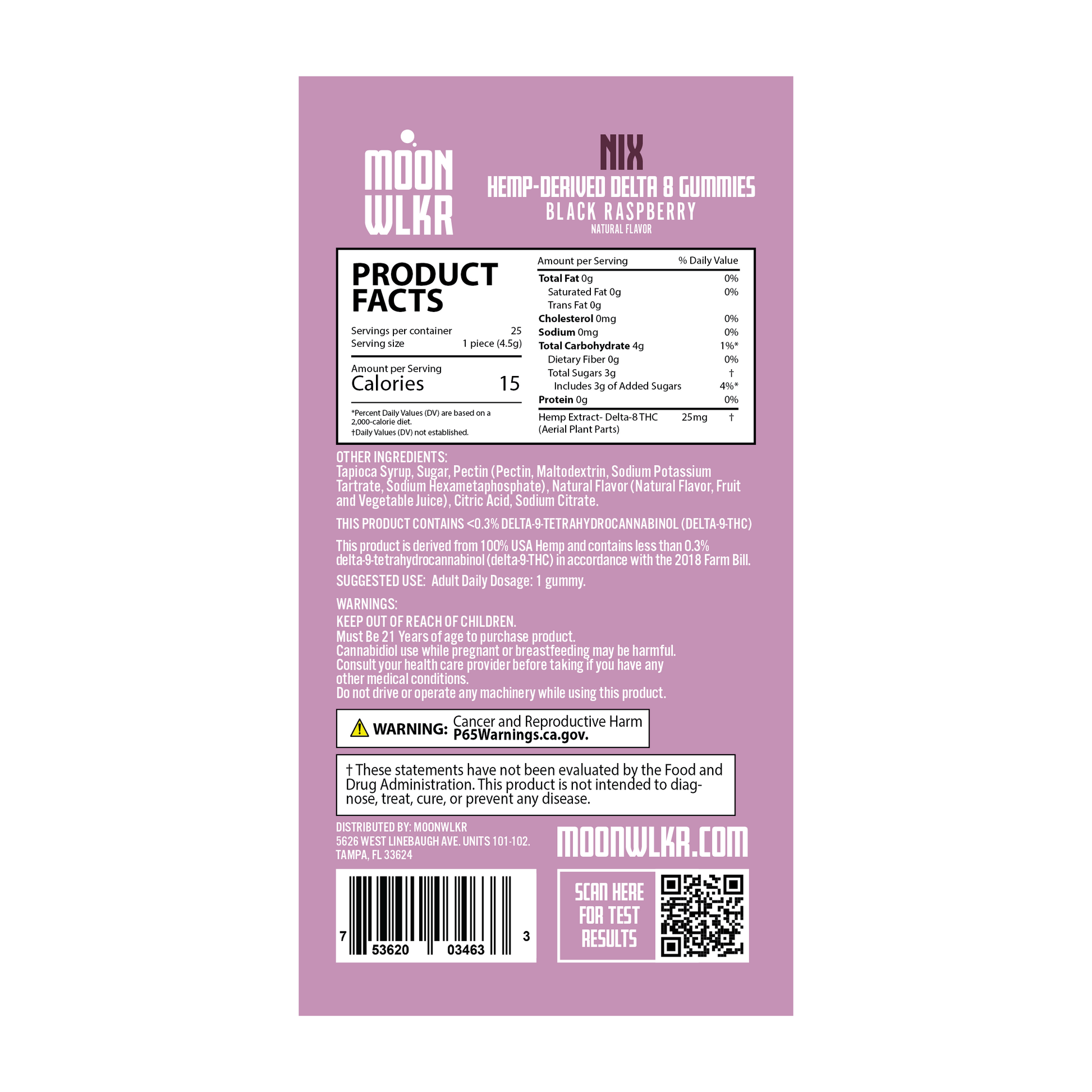 Products facts and ingredients for Moonwlkr Delta 8 gummies in black raspberry flavor