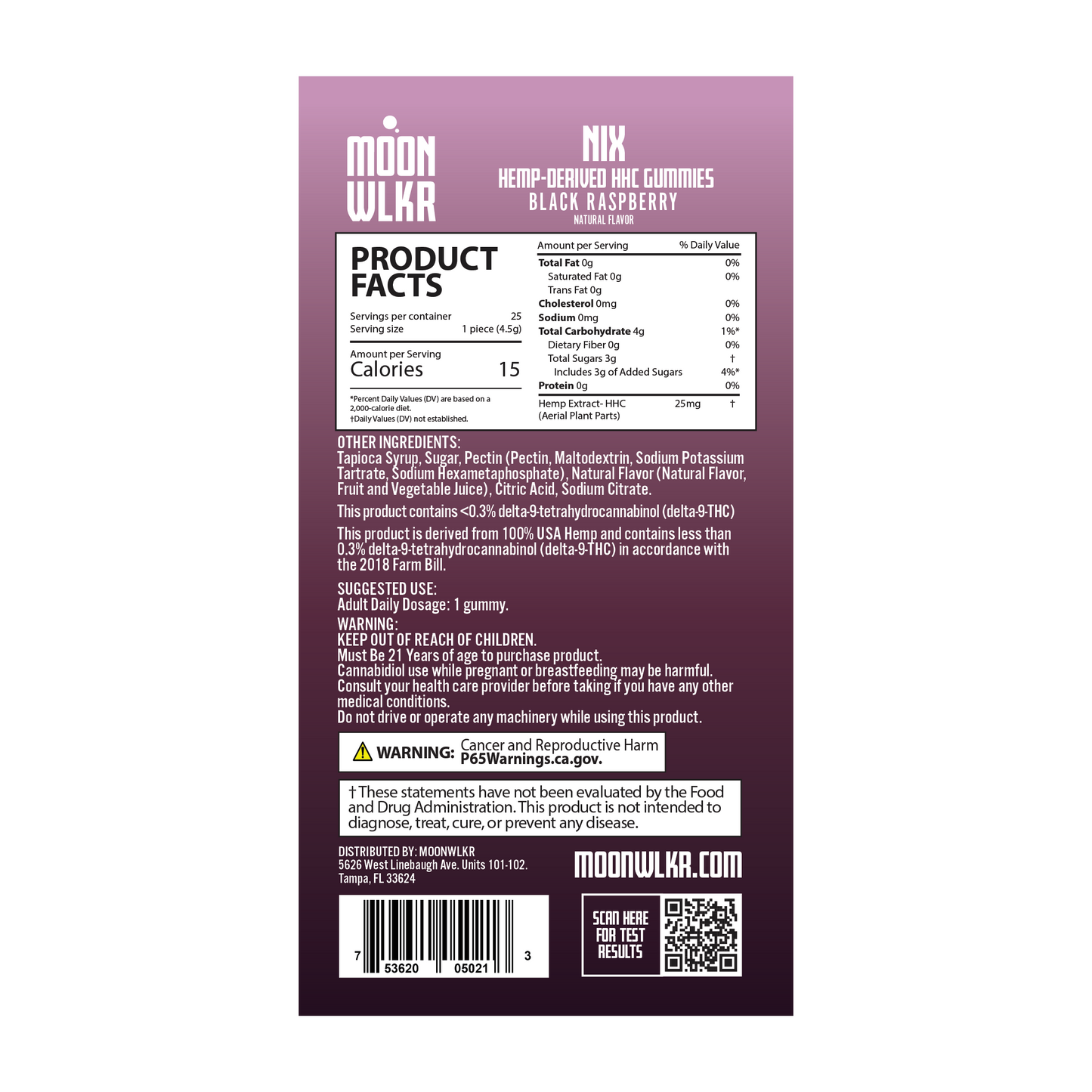 Products facts and ingredients for Moonwlkr HHC gummies in black raspberry flavor