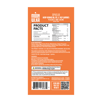 Products facts and ingredients for Moonwlkr THCP gummies in flavor peaches and creme