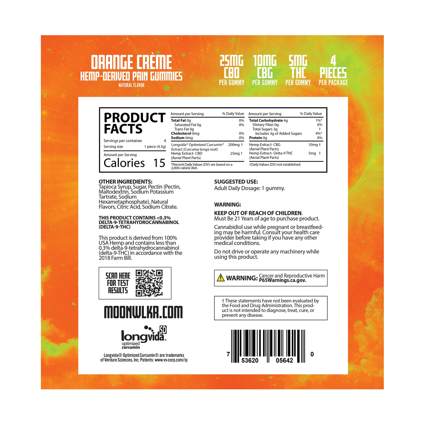CBD, CBG, THC pain relief gummies product facts label