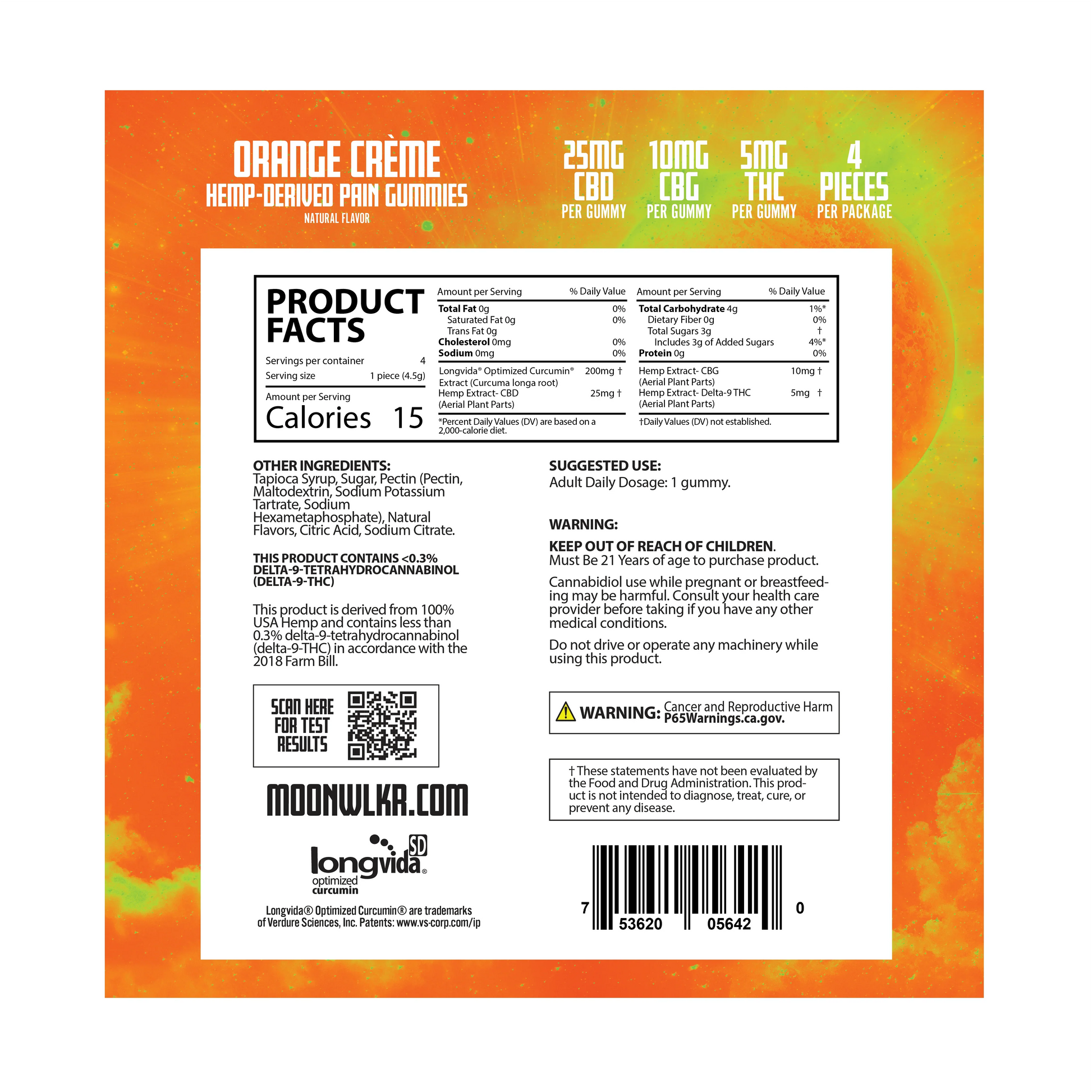 CBD, CBG, THC pain relief gummies product facts label