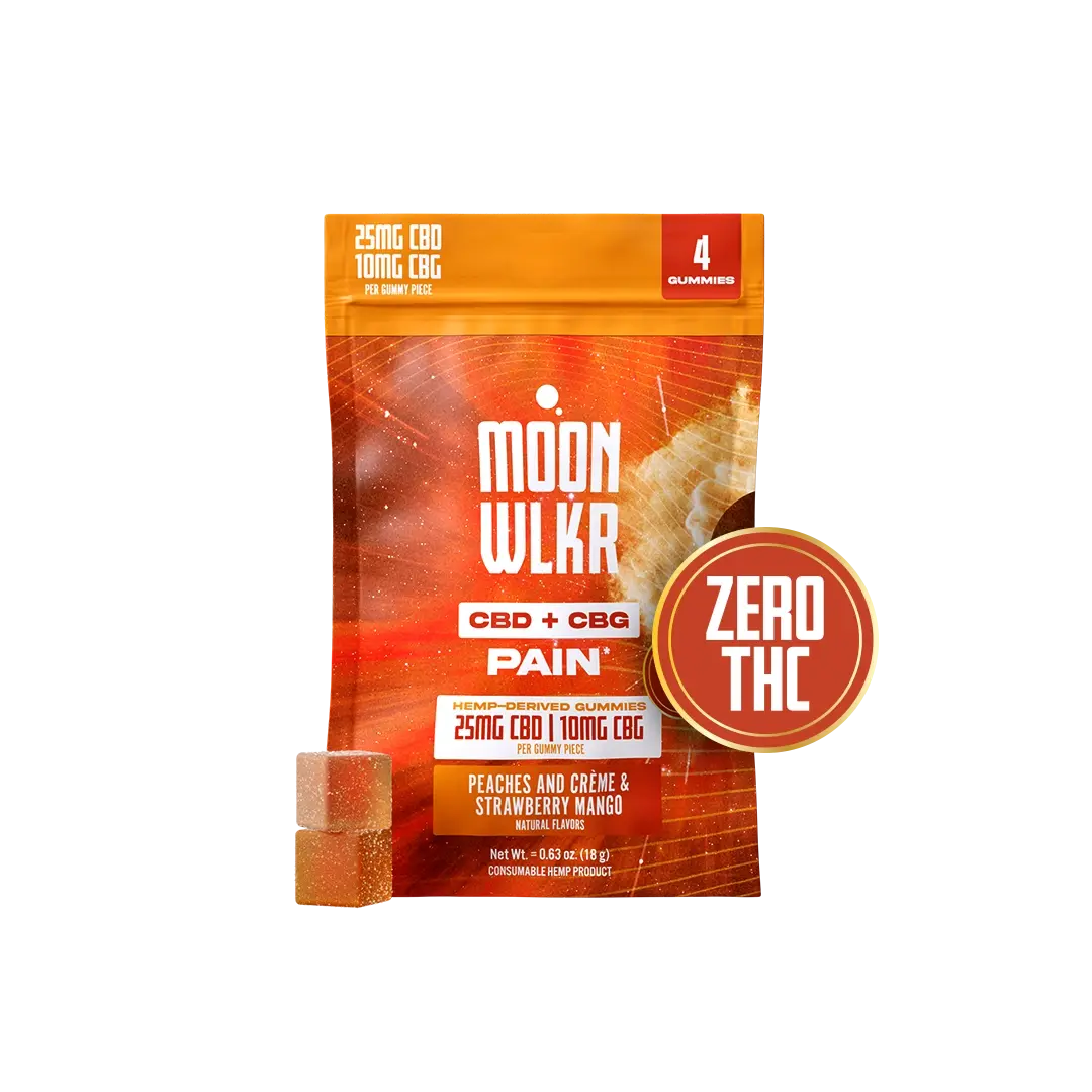 Moonwlkr sample pack of CBD and CBG pain relief gummies in flavor peaches and creme and strawberry mango with sticker that says ZERO THC