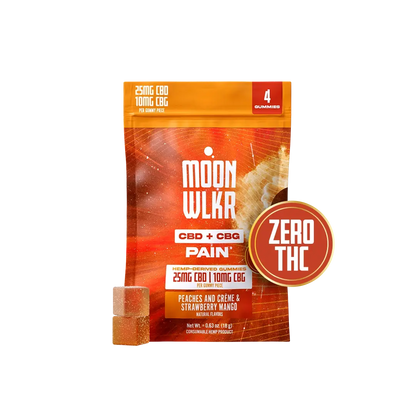 Moonwlkr sample pack of CBD and CBG pain relief gummies in flavor peaches and creme and strawberry mango with sticker that says ZERO THC