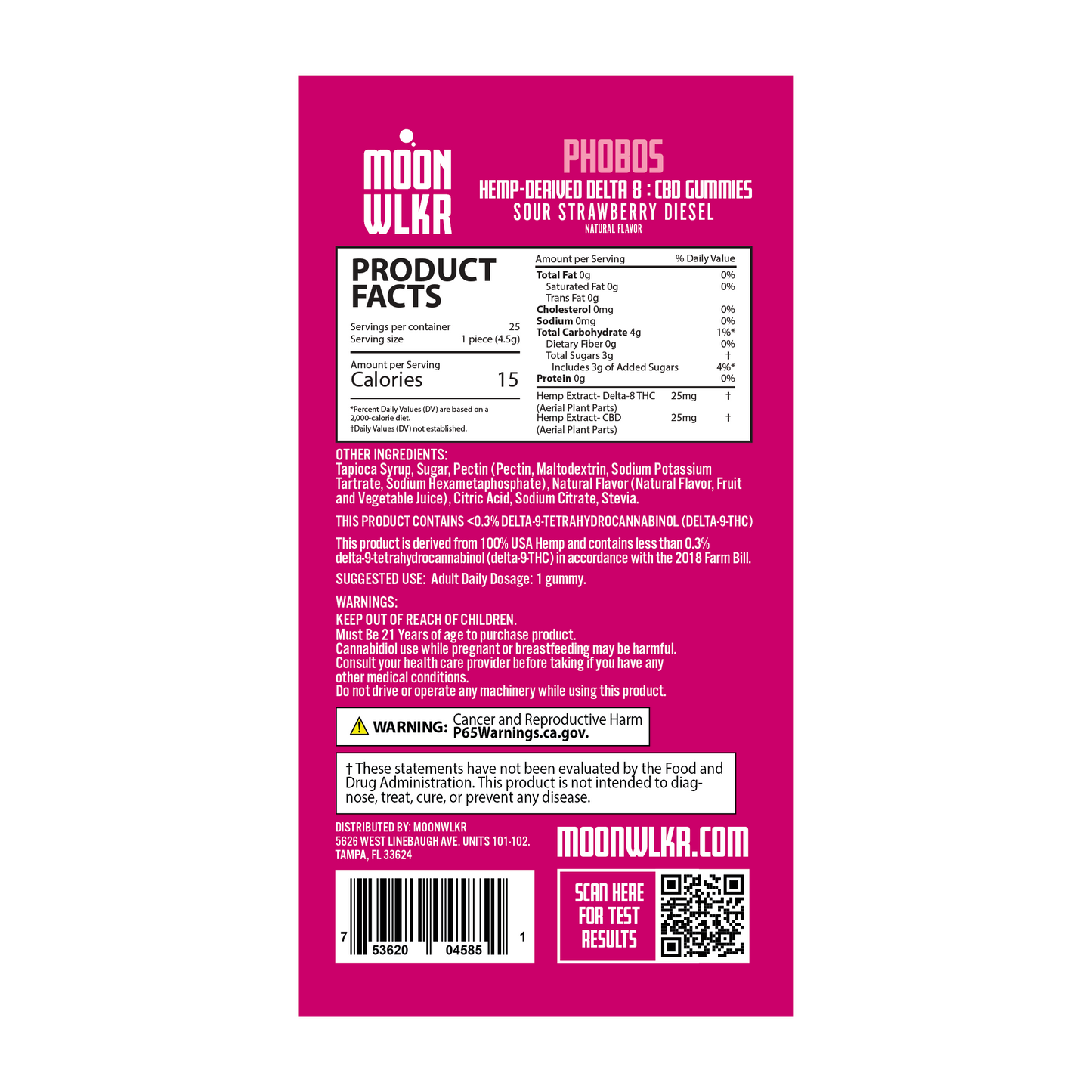 Products facts and ingredients for Moonwlkr Delta 8 : CBD gummies in sour strawberry diesel flavor