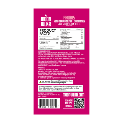 Products facts and ingredients for Moonwlkr Delta 8 : CBD gummies in sour strawberry diesel flavor