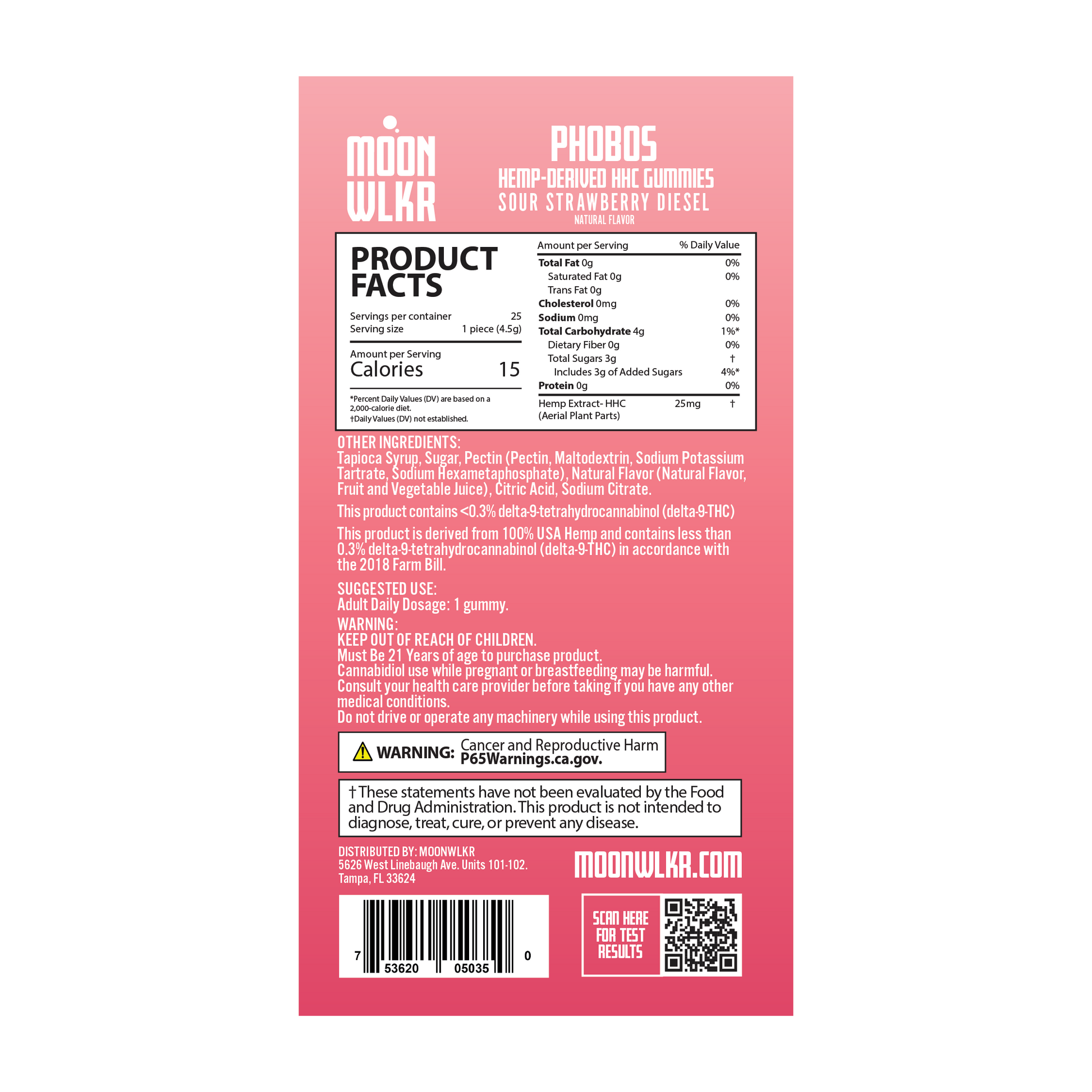 Products facts and ingredients for Moonwlkr HHC gummies in sour strawberry diesel flavor