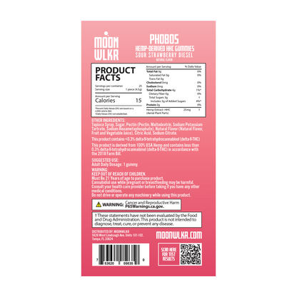 Products facts and ingredients for Moonwlkr HHC gummies in sour strawberry diesel flavor