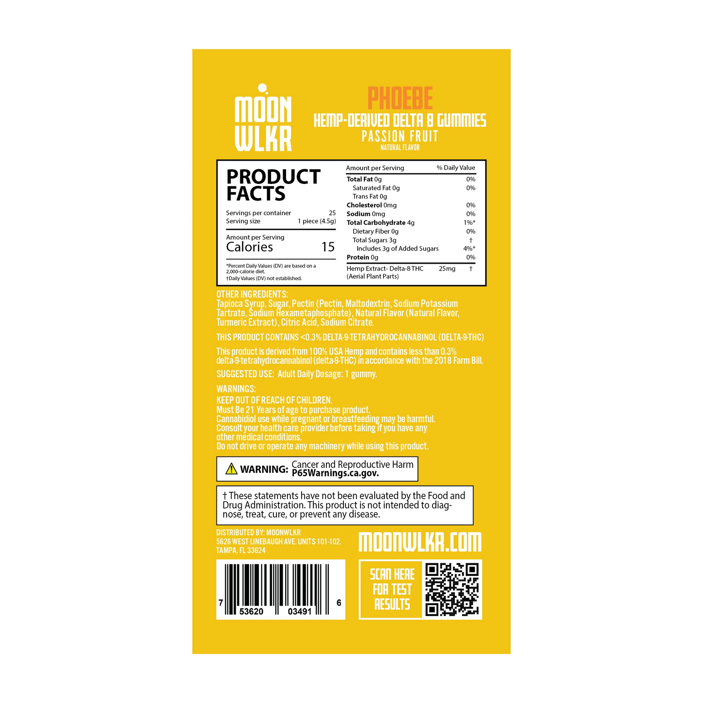 Products facts and ingredients for Moonwlkr Delta 8 gummies in passion fruit flavor
