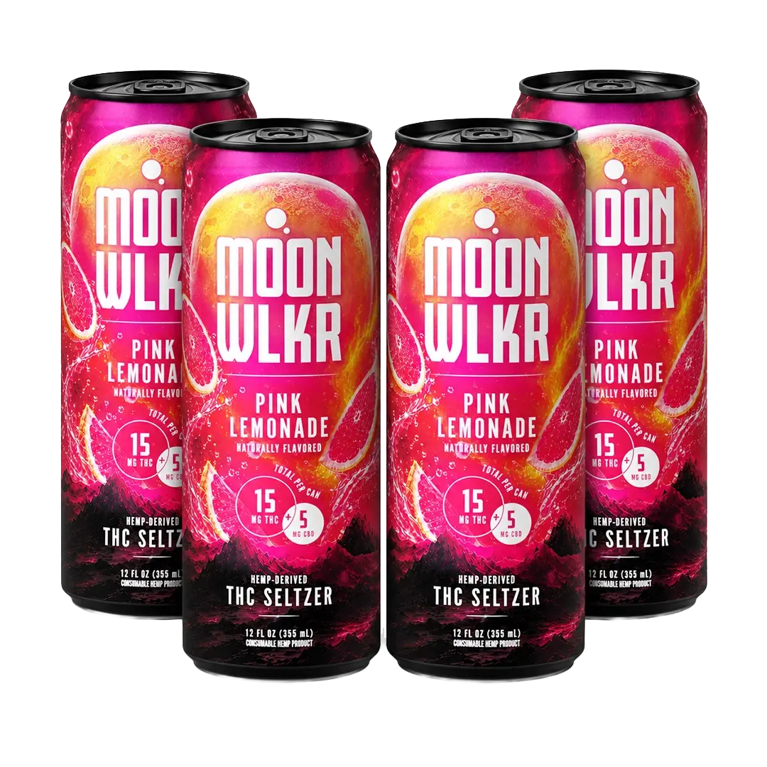 Four 12 oz cans of Moonwlkr Pink Lemonade THC Seltzer arranged in a 2x2 grid on a plain white background.