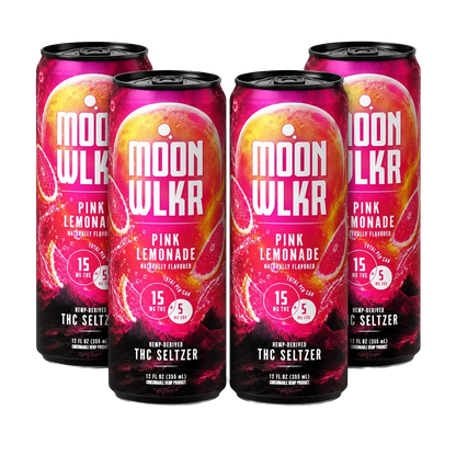 Four 12 oz cans of Moonwlkr Pink Lemonade THC Seltzer arranged in a 2x2 grid on a plain white background.