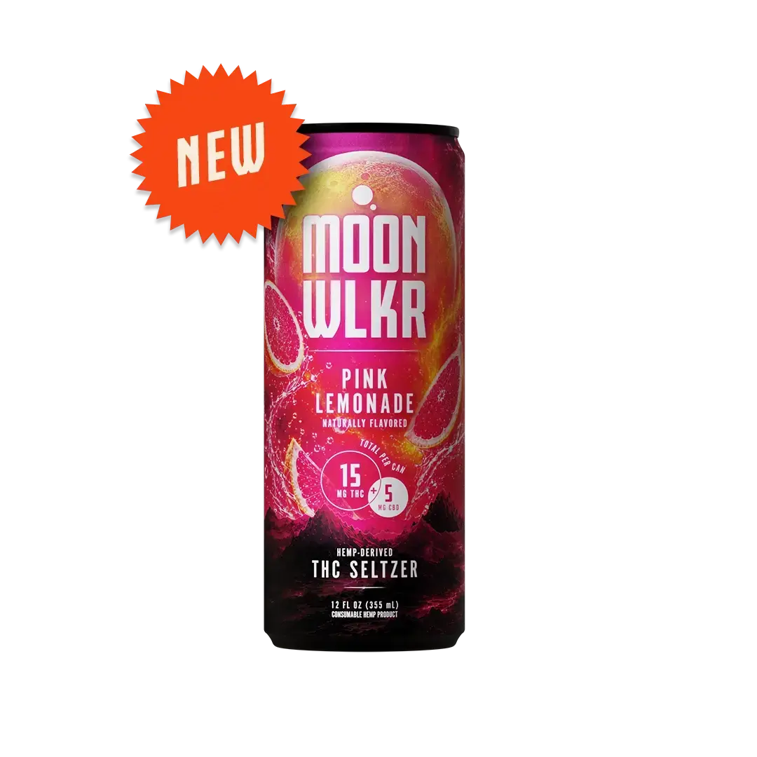 A single can of Moonwlkr Pink Lemonade CBD-infused Delta 9 THC Seltzer beverage, featuring a vibrant pink and red label with citrus graphics, set against a plain white background with an orange 'NEW' starburst sticker overlay.