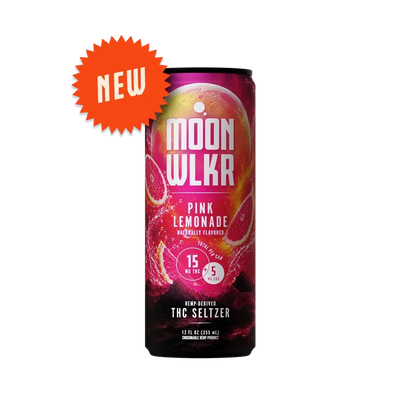 A single can of Moonwlkr Pink Lemonade CBD-infused Delta 9 THC Seltzer beverage, featuring a vibrant pink and red label with citrus graphics, set against a plain white background with an orange 'NEW' starburst sticker overlay.