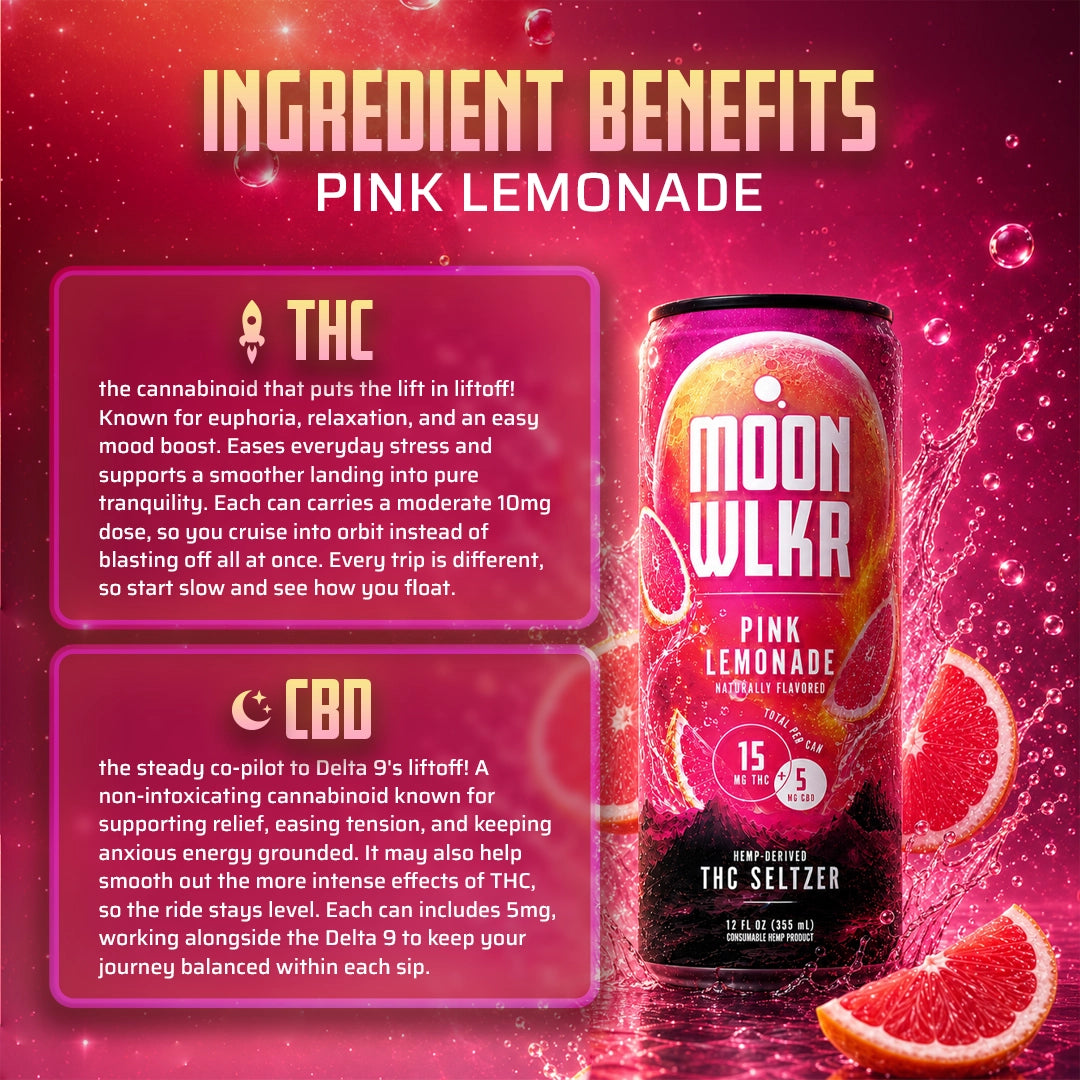 A promotional graphic for a Moon WLKR Pink Lemonade THC Seltzer can, set against a vibrant pink and red gradient background with lemonade splash graphics. The image includes two text boxes detailing the benefits of THC and CBD.
