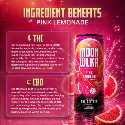 A promotional graphic for a Moon WLKR Pink Lemonade THC Seltzer can, set against a vibrant pink and red gradient background with lemonade splash graphics. The image includes two text boxes detailing the benefits of THC and CBD.