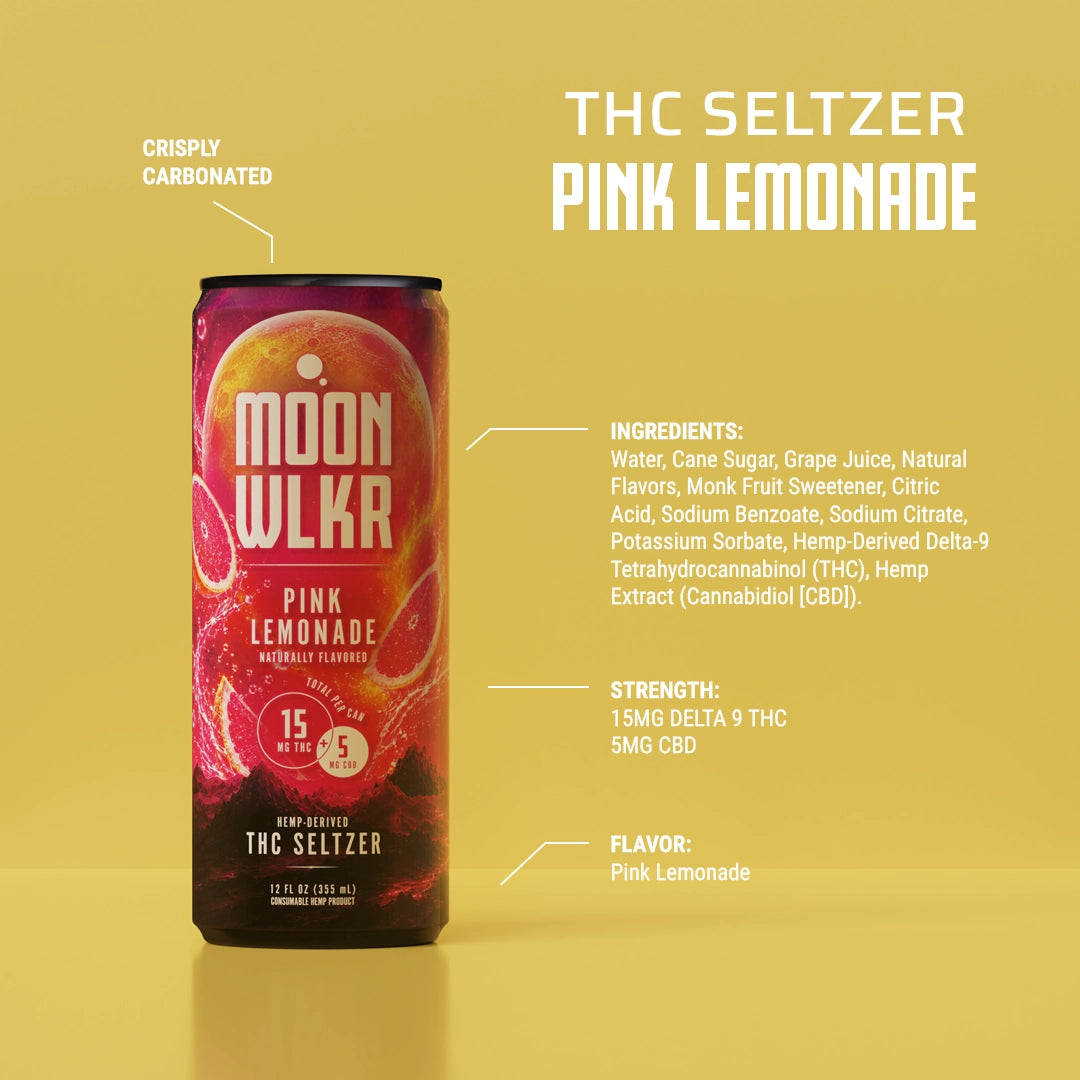 THC Seltzer in Pink Lemonade flavor with 15mg Delta 9 THC and 5mg CBD per can with the callouts of the ingredients, strength, and flavor.