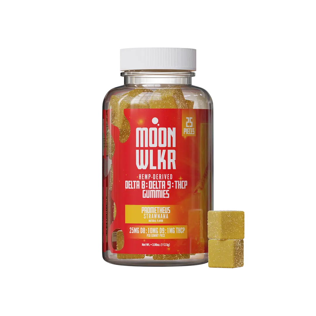 THCP, Delta 8, Delta 9 THC blend gummies in strawberry banana flavor