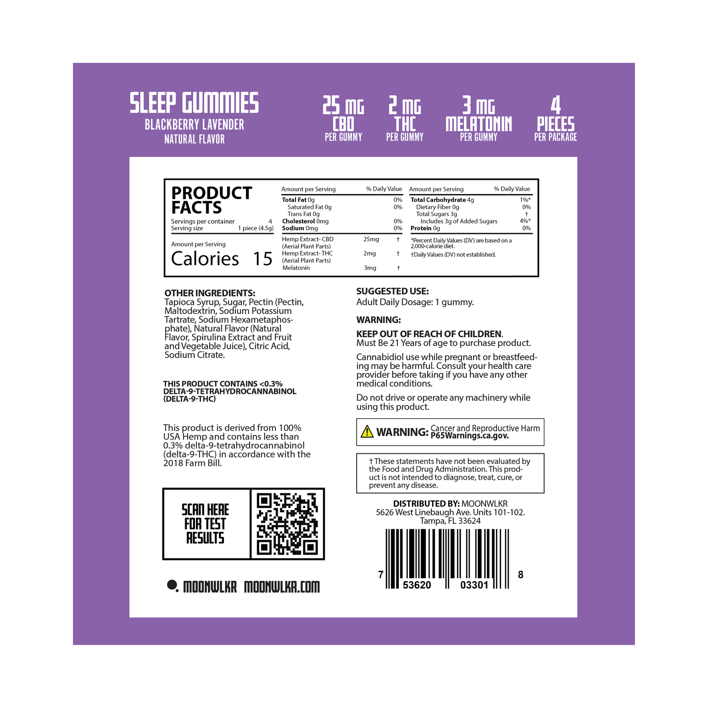Products facts and ingredients for Moonwlkr CBD : THC : Melatonin sample pack gummies in flavor blackberry lavender