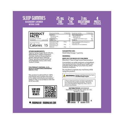 Products facts and ingredients for Moonwlkr CBD : THC : Melatonin sample pack gummies in flavor blackberry lavender