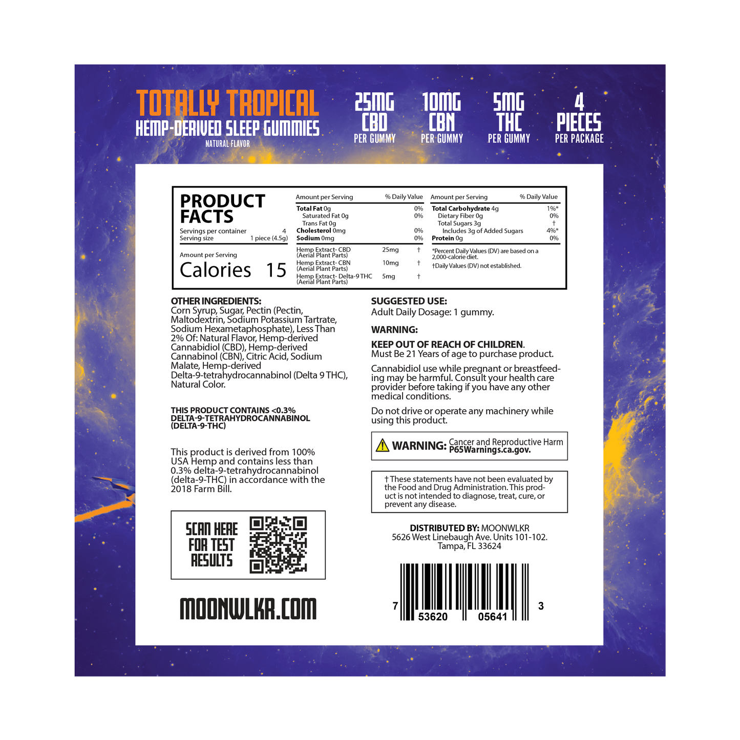 Products facts and ingredients for Moonwlkr CBD : CBN : THC Sleep - Totally Tropical sample pack gummies